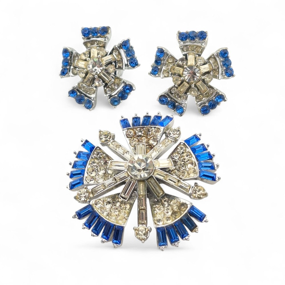 Vintage Corocraft Adolph Katz Brooch Earrings Set Sapphire Blue Bursts MCM